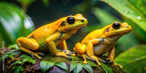 Golden Frogs, Phyllobates Terribilis, Rest On Leaves Of Flowering Plant Within The Highland Cloud Forests Of Panama. photo