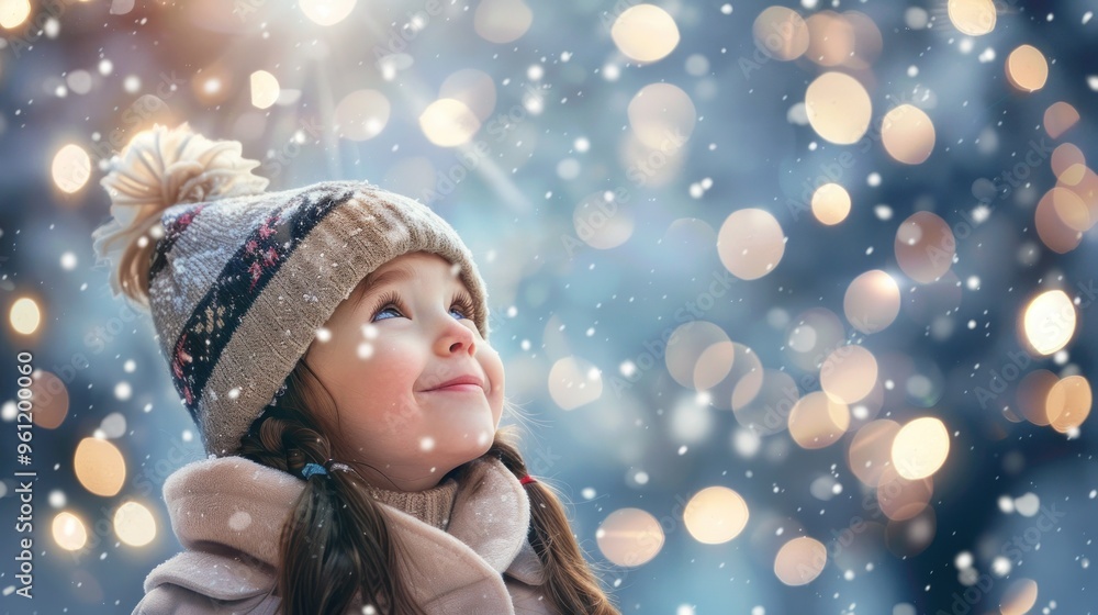 Cute and cheerful little girl in hat and winter coat looking up at the snow Cute and cheerful little girl in hat and winter coat looking up at the snow