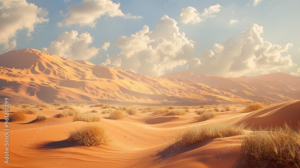 Naklejka premium A vast expanse of sand dunes under a clear blue sky with scattered clouds, creating a dramatic and picturesque landscape.