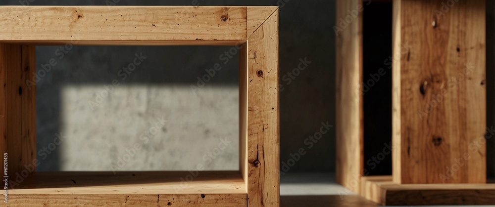Minimal wood podium with with sunlight background. Minimal wooden stand for branding and packaging presentation Minimal wood podium with with sunlight background. Minimal wooden stand for branding and packaging presentation