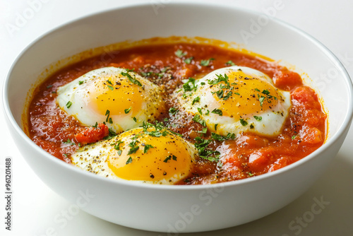 A white bowl filled with four eggs and tomato sauce. The eggs are sprinkled with parsley and pepper photo