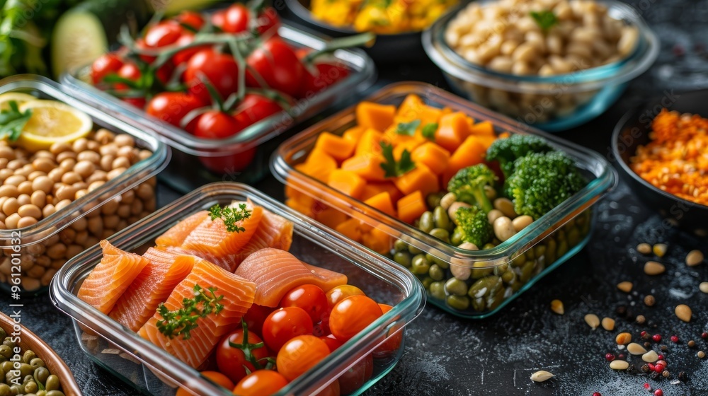 A Colorful Array of Nutritious Meal Prep Ingredients for Healthy Eating and Lifestyle Choices A Colorful Array of Nutritious Meal Prep Ingredients for Healthy Eating and Lifestyle Choices