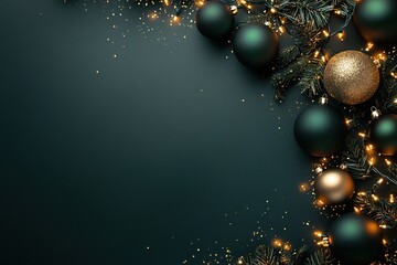 Festive dark background with Christmas decorations and lights