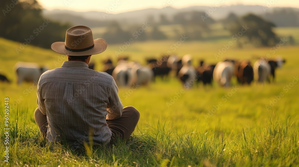 Cowboy wearing a brown hat looking across grassland at a tranquil herd of brown cows, reflecting rural life Cowboy wearing a brown hat looking across grassland at a tranquil herd of brown cows, reflecting rural life