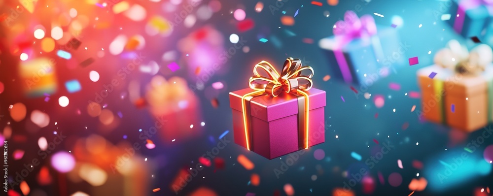 Floating gifts with golden bows, festive bokeh background. Floating gifts with golden bows, festive bokeh background.