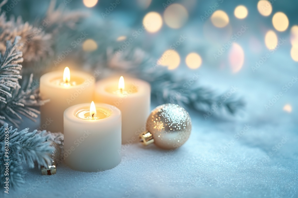 Lit candles with Christmas ball and pine branches. Lit candles with Christmas ball and pine branches.