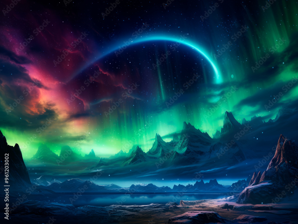 Aurora on the colourful sky of another planet with a majestic mountain peak in the foreground, Aurora on the colourful sky of another planet with a majestic mountain peak in the foreground,
