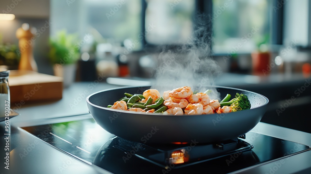 A vibrant cooking scene featuring shrimp and vegetables sizzling in a pan, showcasing a delicious meal preparation. A vibrant cooking scene featuring shrimp and vegetables sizzling in a pan, showcasing a delicious meal preparation.