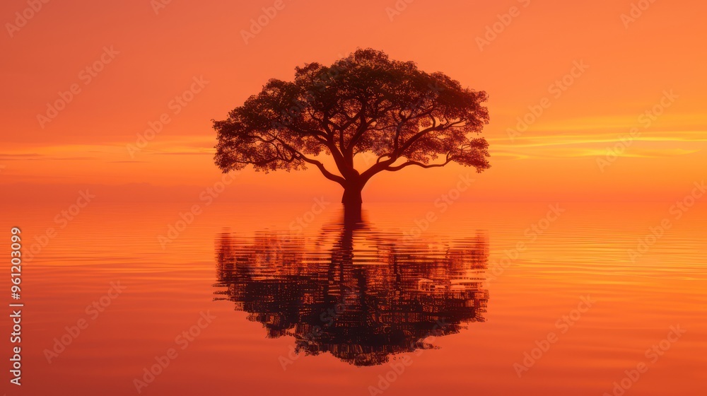 Fototapeta premium A serene sunset over water, featuring a solitary tree reflected in the calm surface.