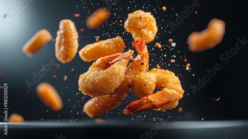 Delicious fried shrimp in mid-air, showcasing a vibrant splash and crispy texture against a dark background.