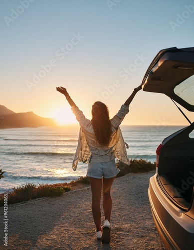 Mujer con los brazos abiertos en un acantilado viendo el atardecer al lado de un coche gris, de viaje, feliz, explorar, aventurera