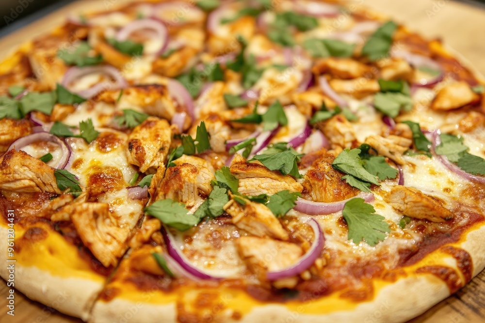 A BBQ chicken pizza topped with red onions, cilantro, and mozzarella, fresh out of the oven A BBQ chicken pizza topped with red onions, cilantro, and mozzarella, fresh out of the oven