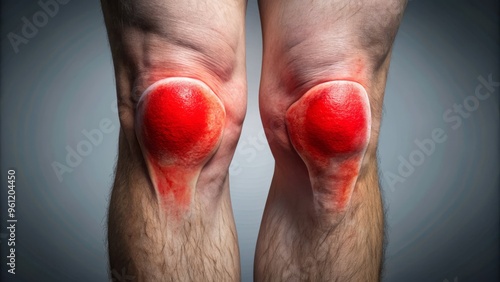 A swelling inflames the suprapatellar bursa, a fluid-filled sac protecting the knee joint's ligament, surrounded by skin and muscle, marked with swollen red lines and punctual red spots. photo