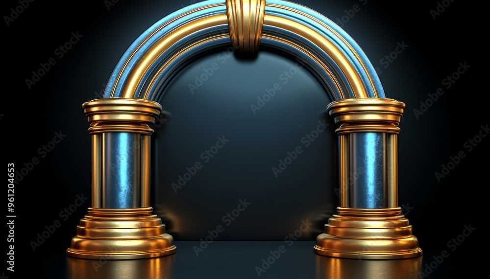 Golden Archway with Blue Pillars on Black Background Golden Archway with Blue Pillars on Black Background