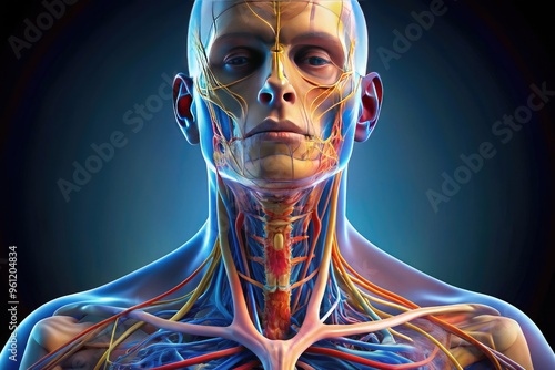 Illuminated 3D illustration of the human neck's intricate anatomy, showcasing cervical vertebrae, trachea, esophagus, carotid arteries, jugular veins, and surrounding muscles in precise detail. photo