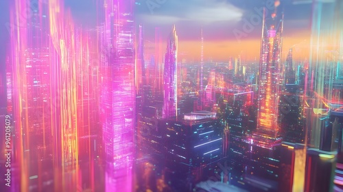 A captivating and visually striking image depicting a holographic projection of a futuristic neon drenched cityscape  The scene showcases a modern sleek