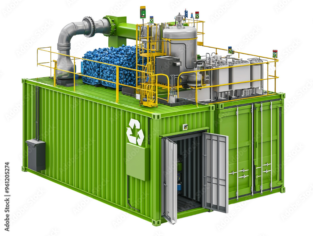 Fototapeta premium Green recycling container with machinery for waste processing and materials