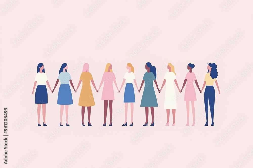 Diverse group of women is standing together holding hands, symbolizing unity and support for a common cause Diverse group of women is standing together holding hands, symbolizing unity and support for a common cause
