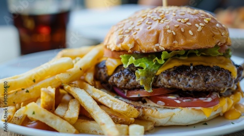 Indulge in a sumptuous gourmet burger topped with fresh ingredients, served alongside crispy golden fries for ultimate satisfaction.