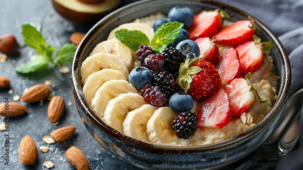 Deliciously Crafted Bowl of Oatmeal with Fresh Fruits: Bananas, Berries, and a Touch of Mint for a Wholesome Start to Your Day! Deliciously Crafted Bowl of Oatmeal with Fresh Fruits: Bananas, Berries, and a Touch of Mint for a Wholesome Start to Your Day!