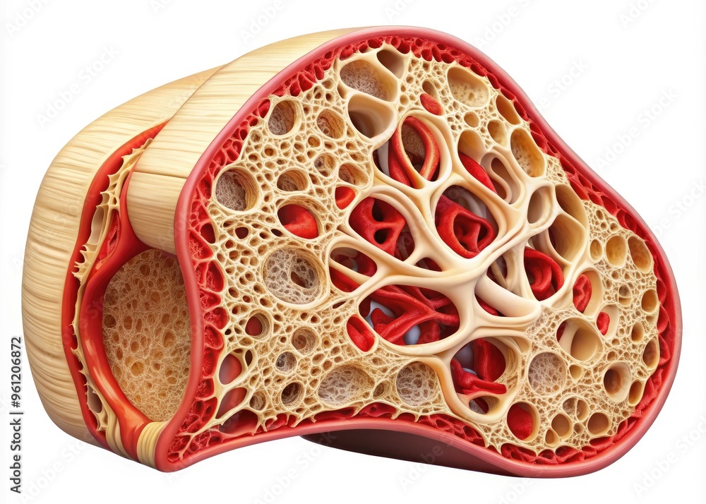 Illustrated cross-section of a flat bone, showcasing compact and ...