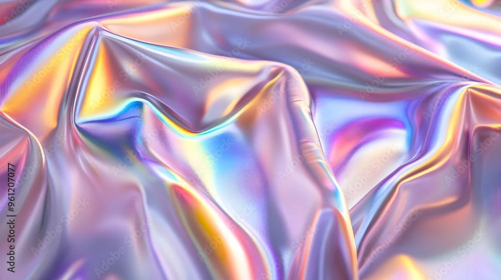 Fototapeta premium A captivating and mesmerizing image showcasing a holographic material draped in soft fluid folds that reflect a spectrum of vibrant iridescent hues