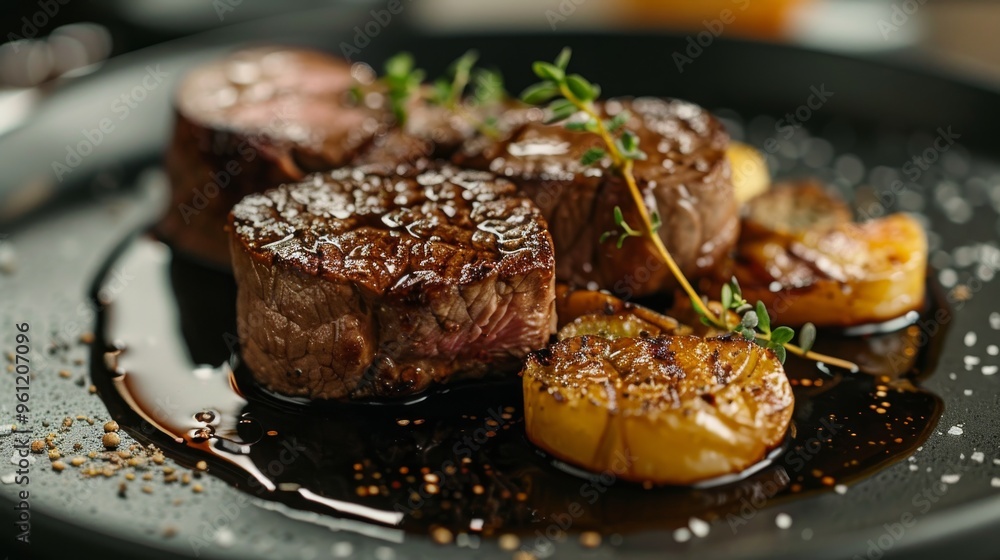 Succulent Beef Fillets Served with Citrus and Herbs on a Dark Plate, Perfect for Food Enthusiasts. Succulent Beef Fillets Served with Citrus and Herbs on a Dark Plate, Perfect for Food Enthusiasts.