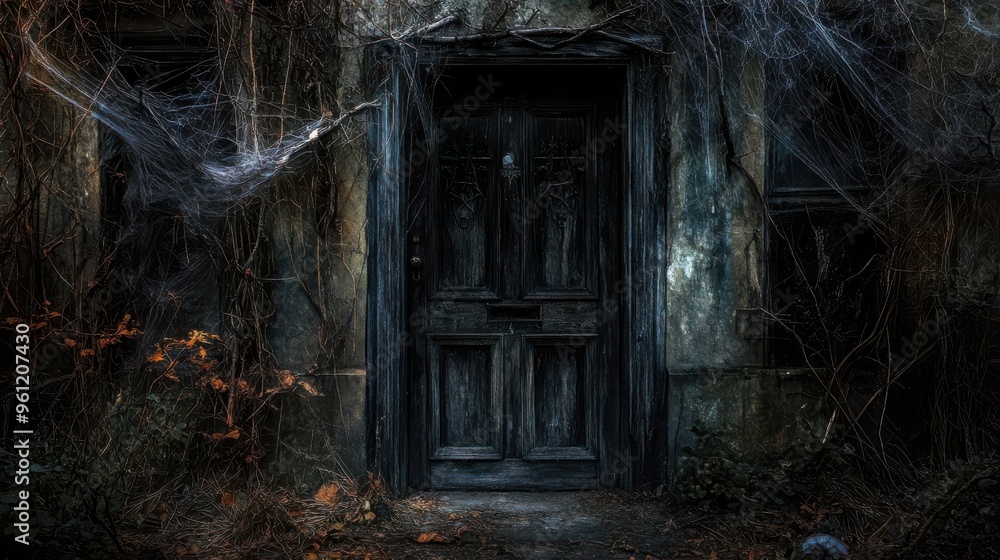 Fototapeta premium Haunted Abandoned Doorway Covered in Cobwebs and Twisted Vines on a Dark, Decaying House