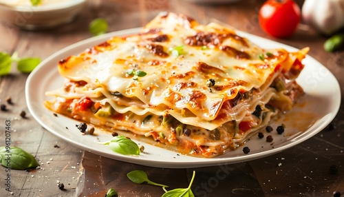 Plate with tasty lasagna on table