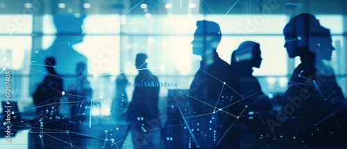 Silhouettes of business people in a modern office, overlaid with abstract digital connections, conveying technology, networking, and collaboration themes