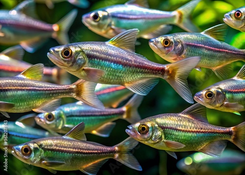 A glistening school of Hemigrammus rhodostomus, their iridescent scales shimmering in the dimly lit water, their pointed snouts and bold stripes vivid against the murky substrate. photo