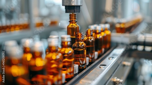 Bottles Being Filled and Capped on a Modern Production Line in a Bright Facility Environment