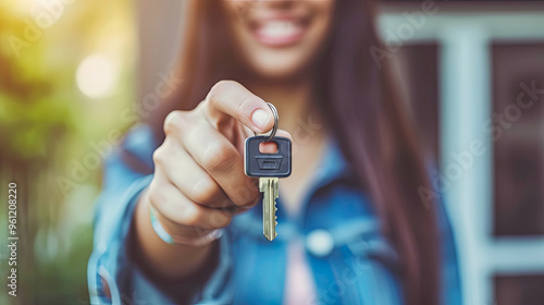 Young latin woman holding key of new house