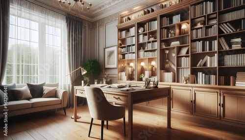 Elegant Study Room with Wooden Desk, Bookshelves, and Armchair in a Cozy Home Library Setting, Bright Lighting, Classic Decor, and a Serene Atmosphere for Reading and Concentration