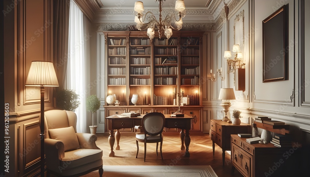 Elegant Study Room with Wooden Desk, Bookshelves, and Armchair in a Cozy Home Library Setting, Bright Lighting, Classic Decor, and a Serene Atmosphere for Reading and Concentration Elegant Study Room with Wooden Desk, Bookshelves, and Armchair in a Cozy Home Library Setting, Bright Lighting, Classic Decor, and a Serene Atmosphere for Reading and Concentration