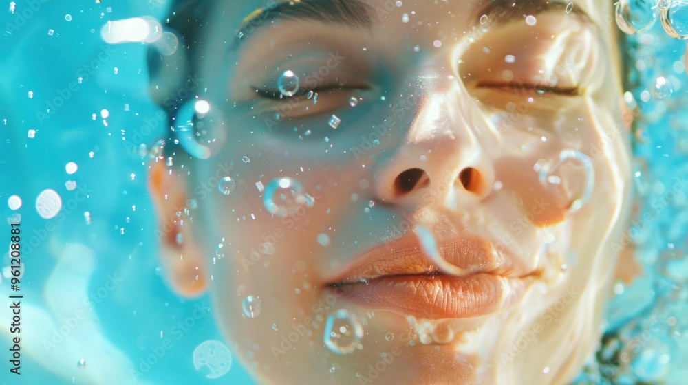 Radiant Skin Underwater, A fashion commercial showcasing a woman submerged in water, surrounded by bubbles, promoting a soothing facial wash with space for text. Radiant Skin Underwater, A fashion commercial showcasing a woman submerged in water, surrounded by bubbles, promoting a soothing facial wash with space for text.