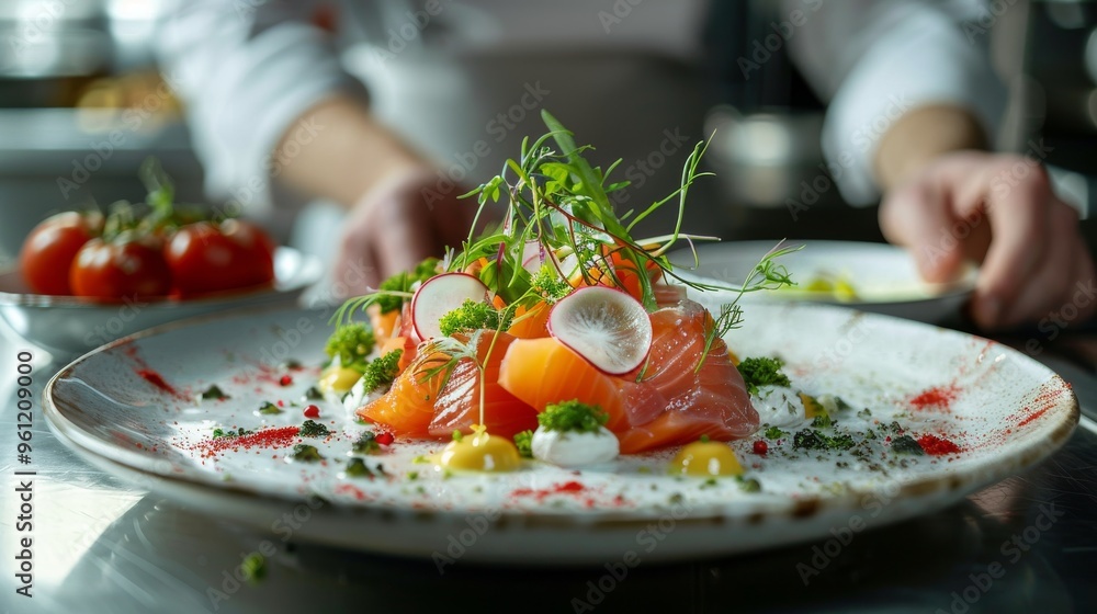 An Exquisite Presentation of Fresh Salmon Delicacies Surrounded by Lush Garnishes, Capturing the Essence of Gourmet Cooking An Exquisite Presentation of Fresh Salmon Delicacies Surrounded by Lush Garnishes, Capturing the Essence of Gourmet Cooking