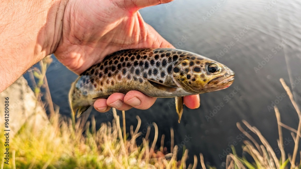 Beautiful fish wild brown trout caught on spinner on river at Galway, Ireland, fishing, angling, spinning, sport, catch and release, animals and wildlife