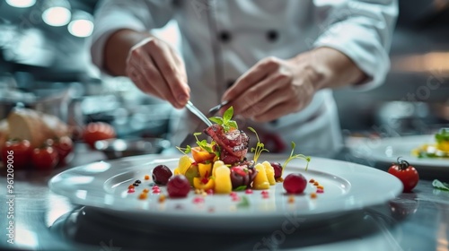 A Culinary Artist Perfectly Arranges a Vibrant Dish, Showcasing Skill, Passion, and the Art of Fine Dining with Exquisite Ingredients. photo