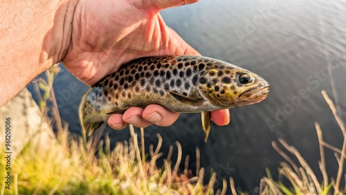 Obraz na płótnie Beautiful fish wild brown trout caught on spinner on river at Galway, Ireland, fishing, angling, spinning, sport, catch and release, animals and wildlife w salonie