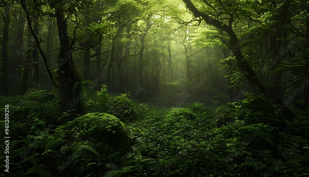 Obraz premium Mysterious green forest in the morning