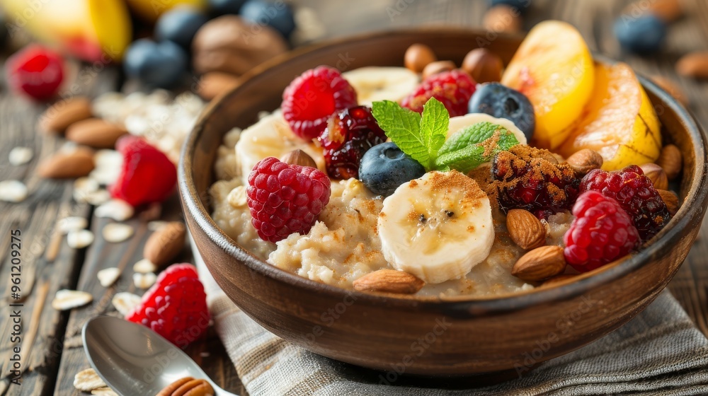 A Colorful and Nutritious Breakfast Bowl Featuring Oatmeal, Fresh Fruits, and Nuts for a Healthy Start to Your Day! A Colorful and Nutritious Breakfast Bowl Featuring Oatmeal, Fresh Fruits, and Nuts for a Healthy Start to Your Day!