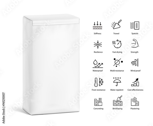 Vertical big heavy bag mockups for chemical products, dry building mixes with set icons. High realistic vector illustration isolated on white background. Ready for use in presentation. EPS10.