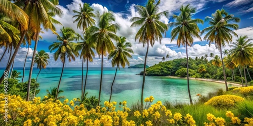 A lush island landscape with tall tropical almond trees bearing bright yellow blooms, surrounded by turquoise waters and swaying palm fronds.