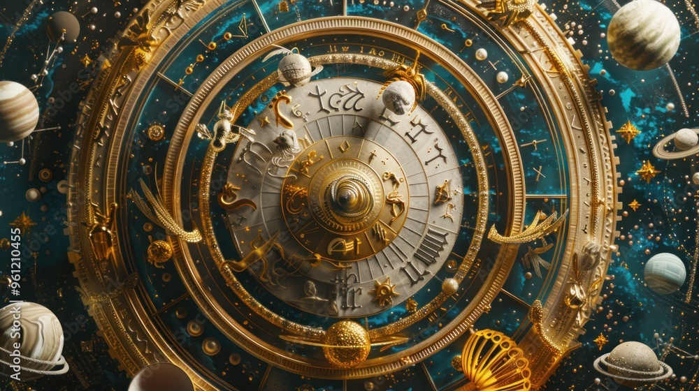 Intricate Zodiac Wheel Features Intricate Design and Luminous Center Intricate Zodiac Wheel Features Intricate Design and Luminous Center