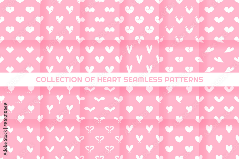 Collection of Seamless patterns of Hearts cartoon doodle on pink background. Collection of Seamless patterns of Hearts cartoon doodle on pink background.