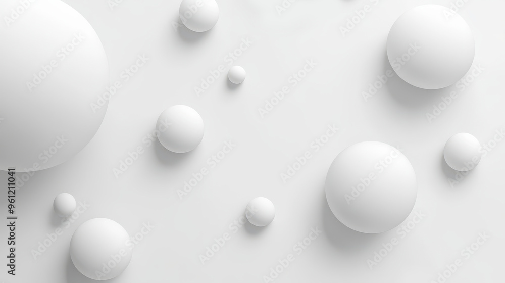 Multiple white spheres floating on a light grey background, with copy space for text Multiple white spheres floating on a light grey background, with copy space for text