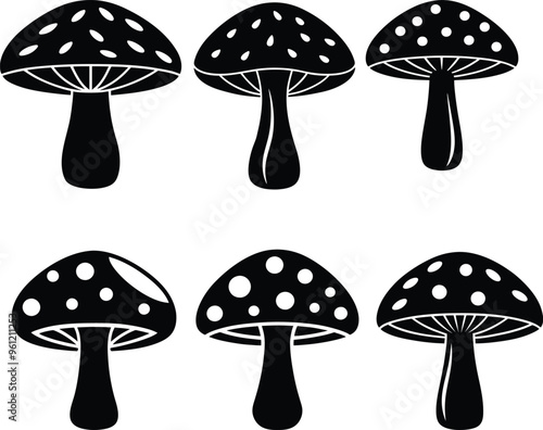 set of Black and white Mushroom icon type image on white background for vector art illustration. 