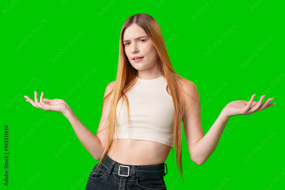 Young Woman Gesturing With Both Hands Against A Green Screen Young Woman Gesturing With Both Hands Against A Green Screen