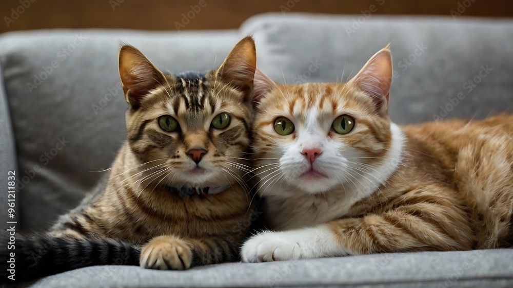 Two cute cats looking to camera while lying on sofa and chilling Two cute cats looking to camera while lying on sofa and chilling